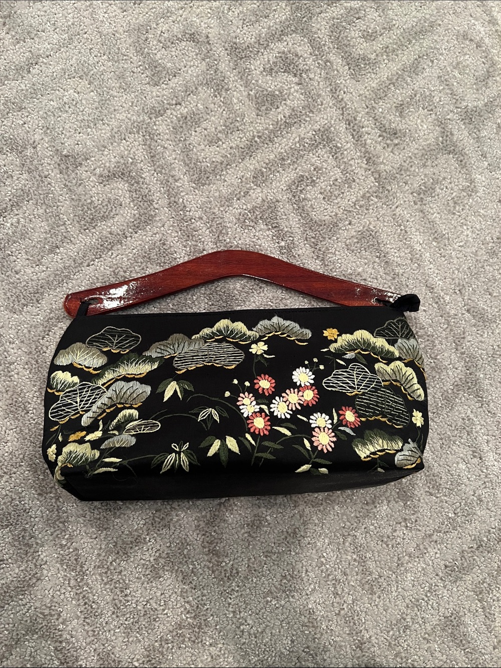 Black Floral Embroidered Evening Clutch with Wood Handle